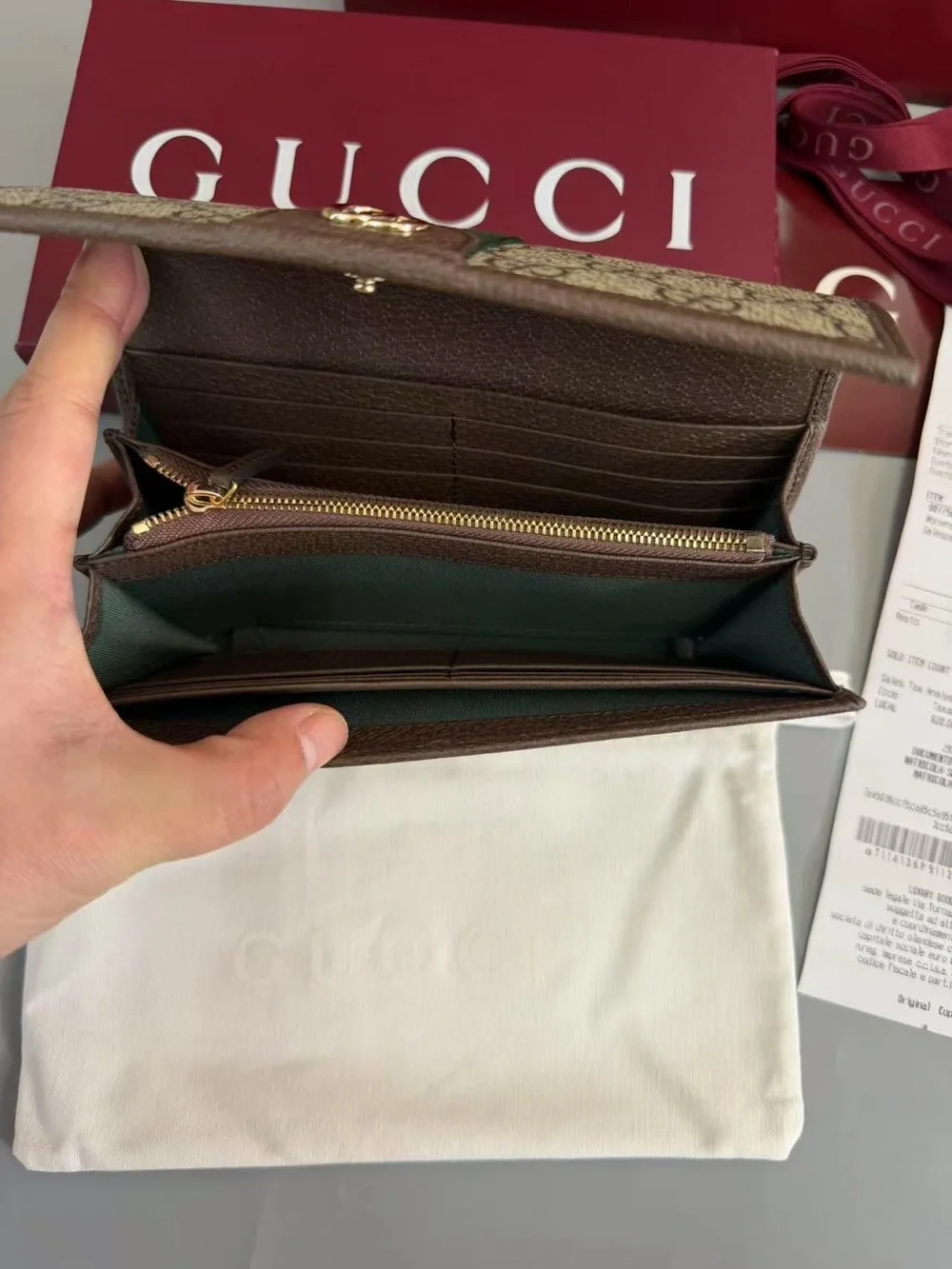 Gucci Beige GG Supreme Continental Wallet with Green and Red Web Stripe